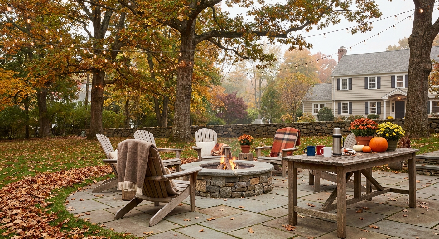 Fall backyard gathering setup in Fairfield with cozy seating, fire pit, and autumn decorations