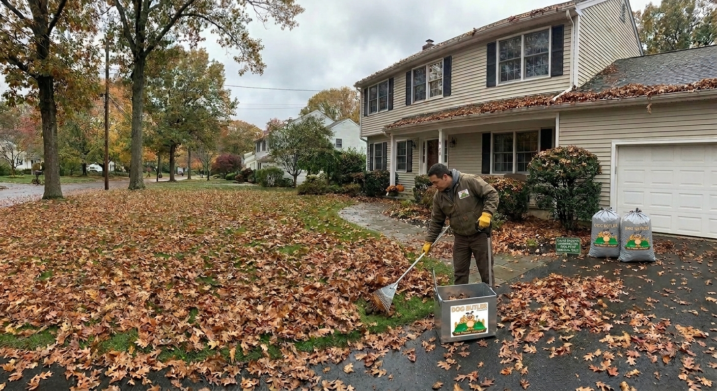 Fall cleanup with leaves, debris, and property maintenance in autumn season