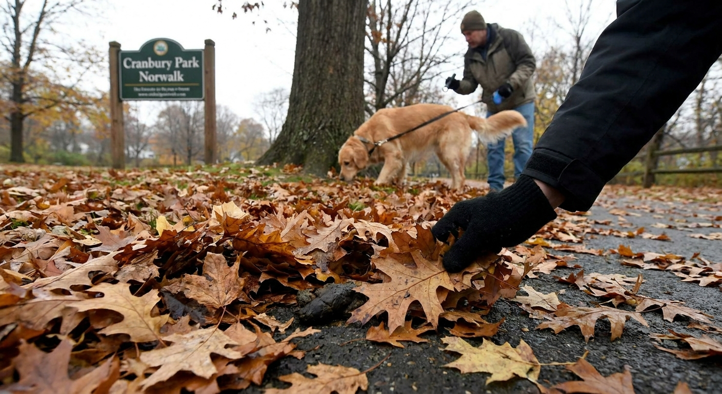 Dog waste hidden under fall leaves in Norwalk makes cleanup difficult