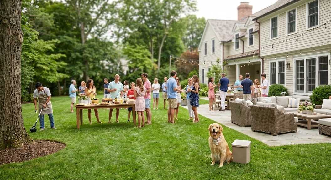 Backyard party in Fairfield County with clean yard free of dog waste, happy guests, and dogs safely in a designated area
